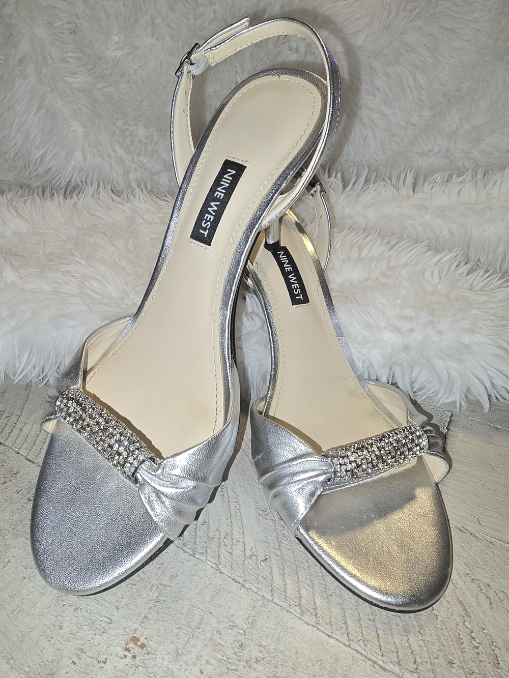 Nine West Silver Rhinestone Open-Toe Slingback Heels
